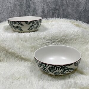 Bee And Willow Set Of 2 Cereal Soup Bowls White Green Pine Cones Leaves 6"